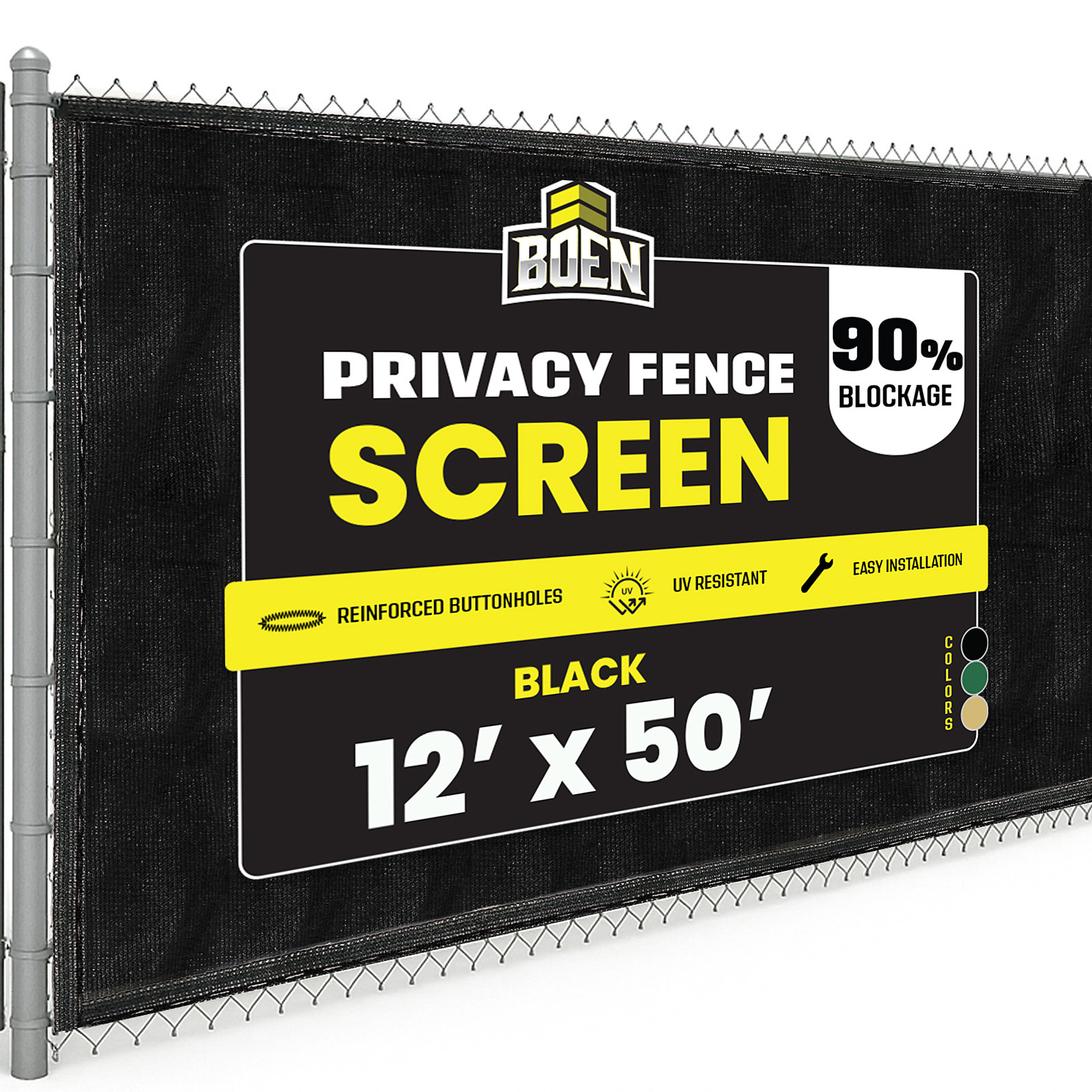 Boen Black Privacy Screen Fence, 12 ft x 50 ft, Netting Mesh Fabric Windscreen with Reinforced Steel Grommets for Garden Fence Or Any Outdoor Metal or Wooden Fencing
